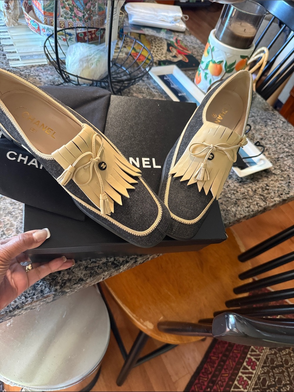 CHANEL Black and Beige Kiltie Tassel Loafers - Women
